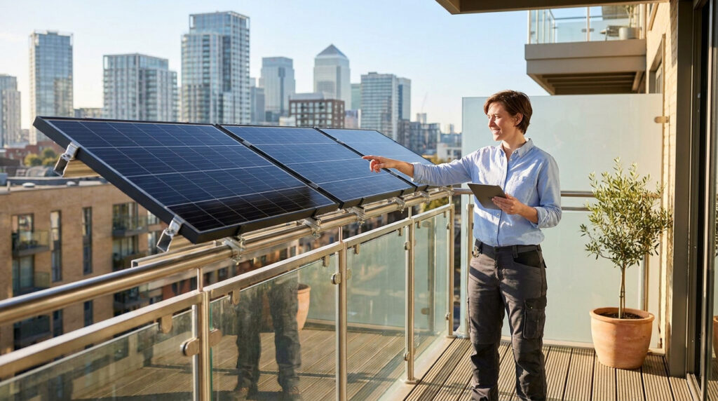A woman in work clothes points at solar panels mounted on an apartment balcony with a city skyline in the background.