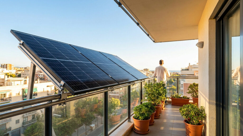 A man standing on a balcony with plug-and-play solar panels mounted on the railing, surrounded by potted plants.