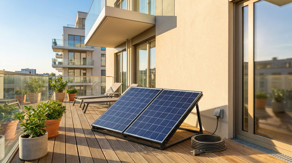 Two solar panels mounted on a wooden balcony deck next to a power outlet with a plug and coiled cable.