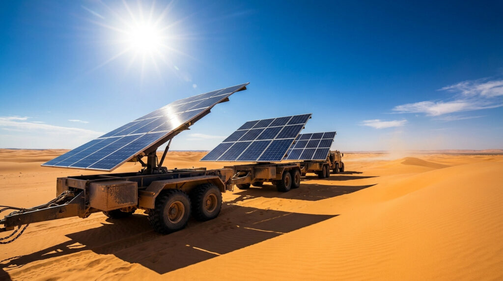 Several mobile solar panel trailers positioned in a bright, sunny desert landscape under a clear blue sky.