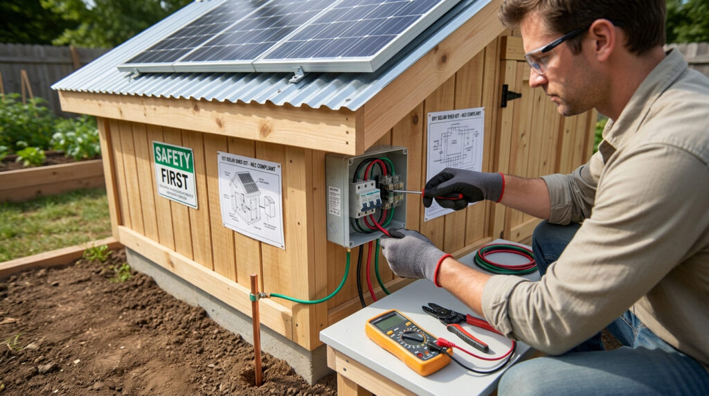 A man wearing protective glasses and gloves wires a solar-powered shed, prioritizing safety and proper electrical protocols.
