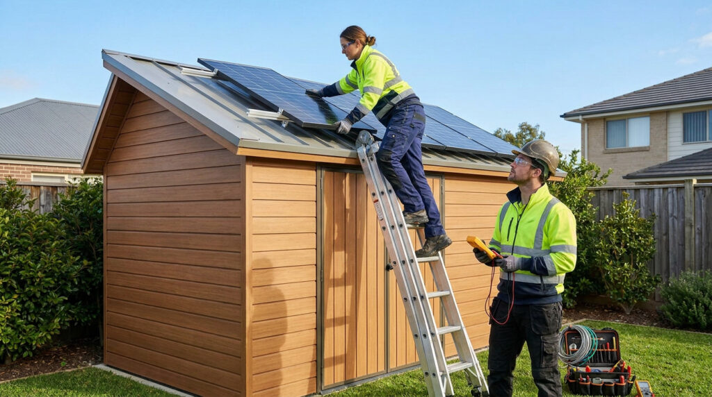 Two technicians in high-visibility safety gear installing solar panels on the roof of a backyard wooden shed.