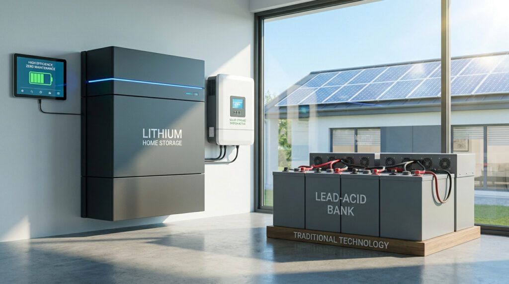 Modern wall-mounted lithium battery beside a large lead-acid battery bank in a room with a view of rooftop solar panels.