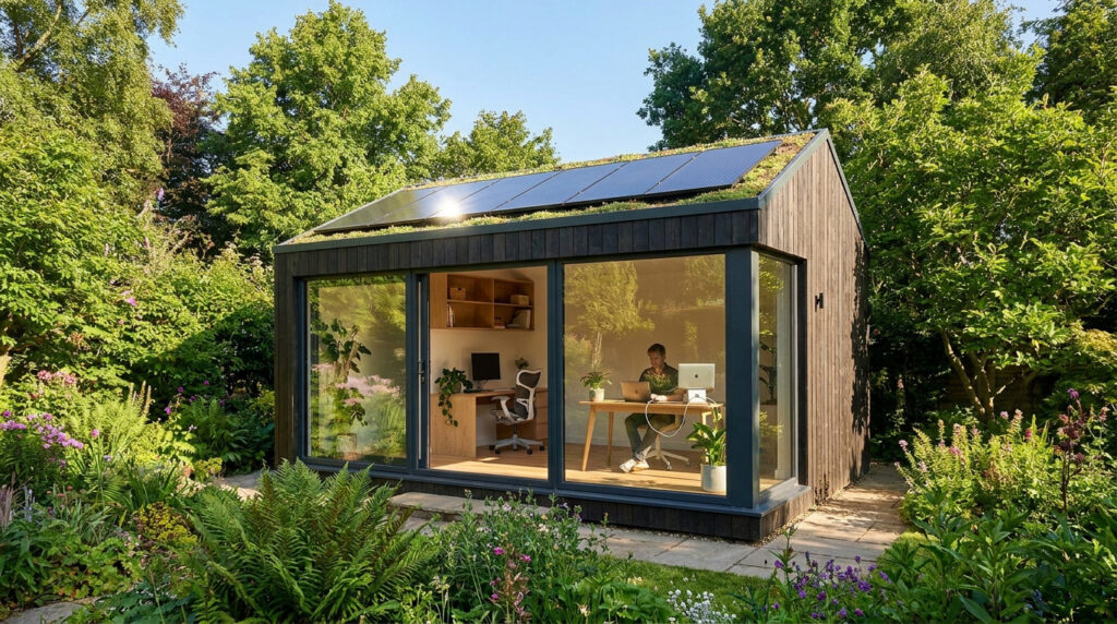 A man working on a laptop inside a modern wooden garden office with solar panels on a green roof, surrounded by plants.
