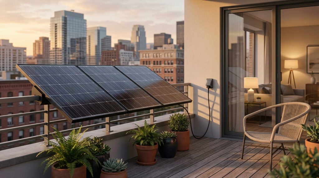 Solar panel kit mounted on an apartment balcony railing overlooking a city skyline at sunset.