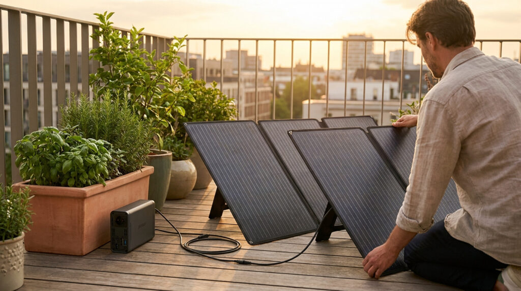A man setting up portable solar panels on an apartment balcony next to potted plants and a power station.