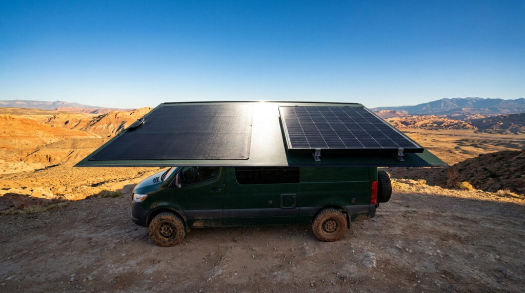 A camper van parked in a desert landscape with a roof rack showing both a flexible and a rigid solar panel side-by-side.