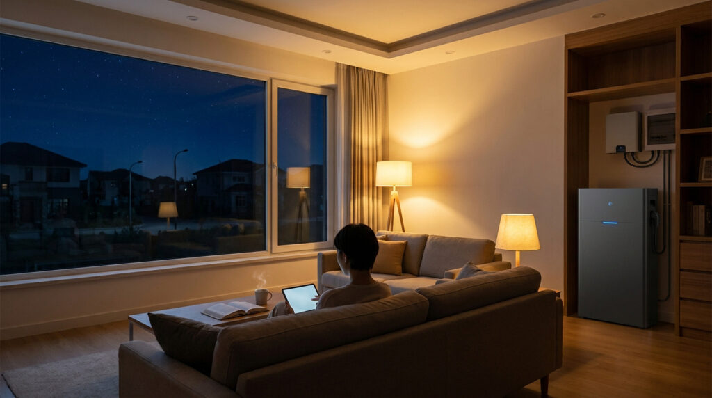 A person using a tablet in a cozy, lit living room at night while a home battery system provides power.