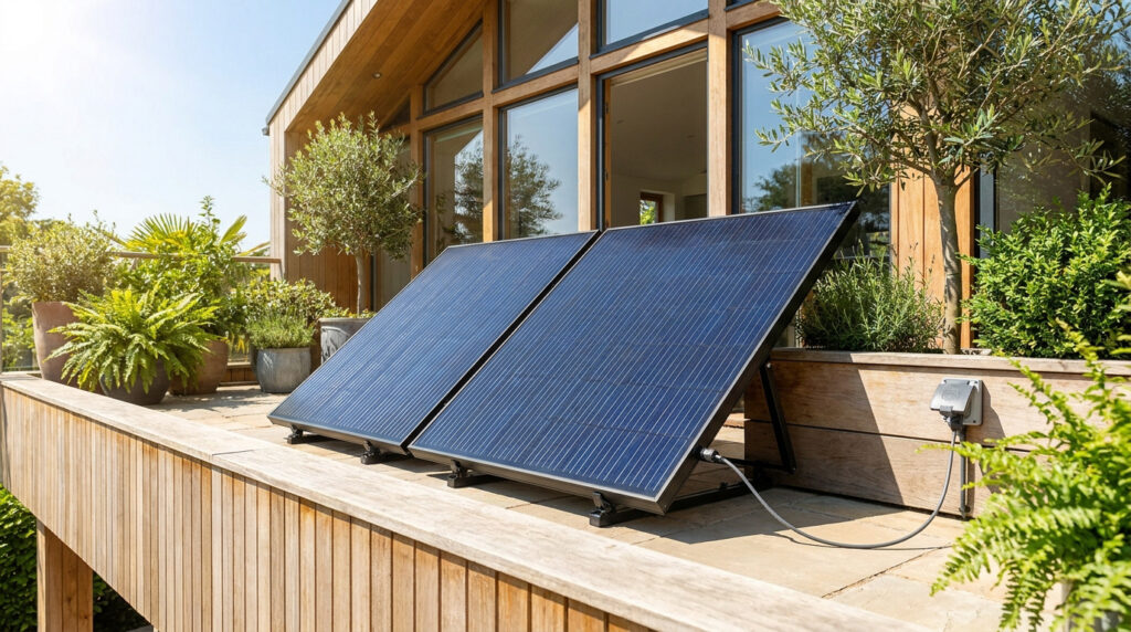 Two plug-and-play solar panels set up on a wooden deck next to a modern home surrounded by lush potted plants.