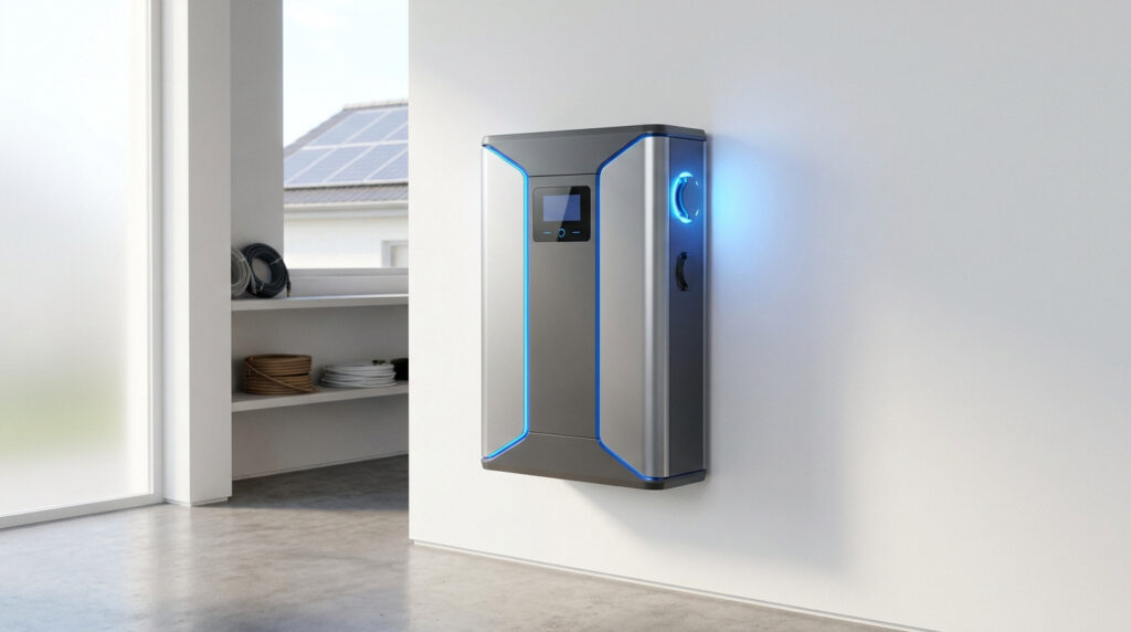 Sleek wall-mounted solar battery unit with glowing blue lights installed in a bright modern home.
