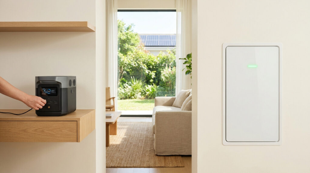 A hand plugs a portable power station on a shelf next to a sleek, wall-mounted home battery unit in a modern living room.