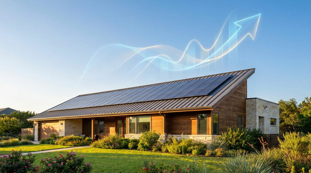 A modern home with solar panels on the roof and a glowing upward-trending arrow graphic in the blue sky.