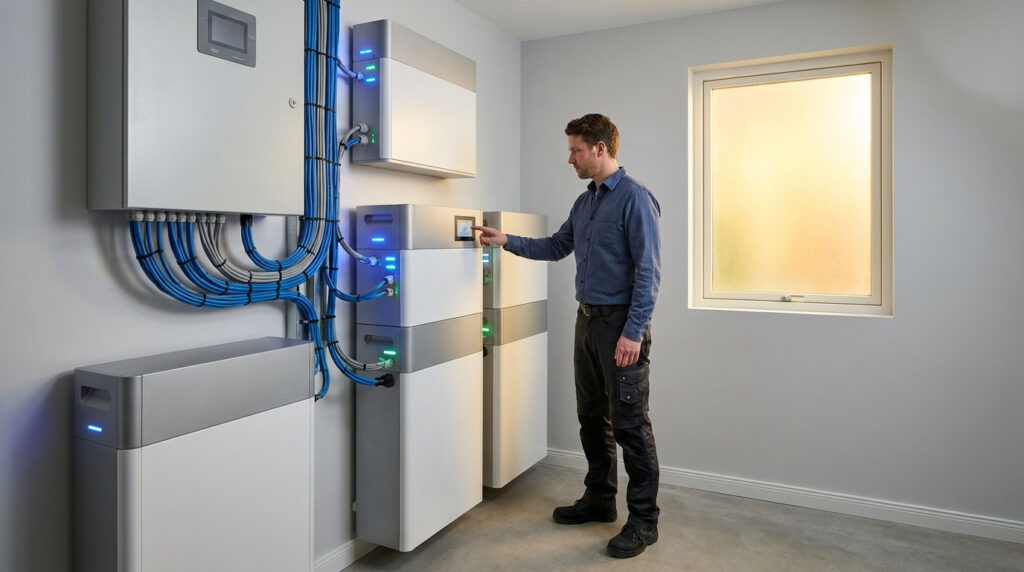 Technician configuring a home solar battery storage system in a utility room.