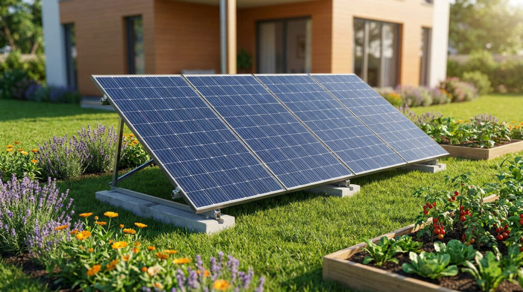 Four solar panels mounted on concrete blocks in a lush backyard garden with vegetables and flowers.
