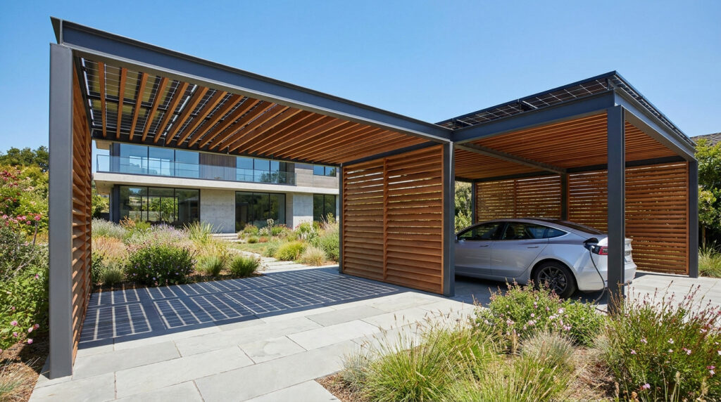 A modern steel and wood pergola structure with integrated solar panels covering a car charger for an electric vehicle.