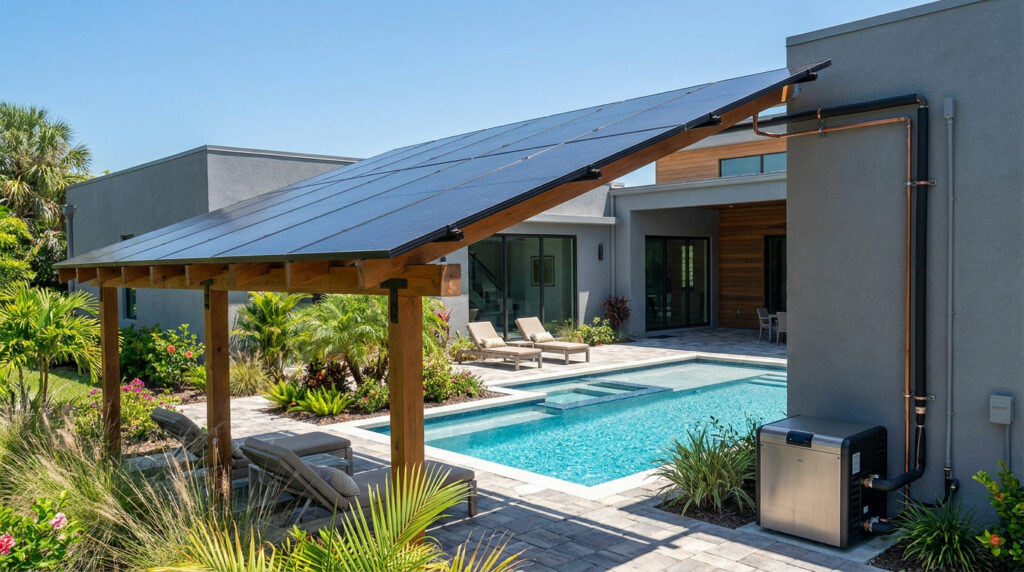 Large solar panel array mounted over a wooden patio cover next to a modern swimming pool.