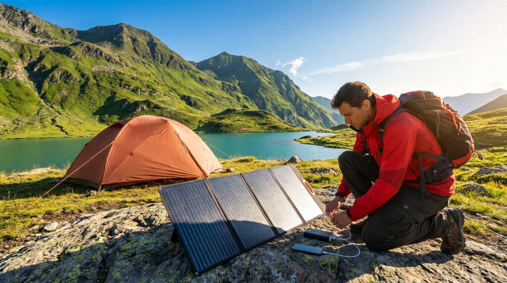 A hiker in a red jacket kneeling by a folding solar panel to charge devices with a tent and lake in the background.