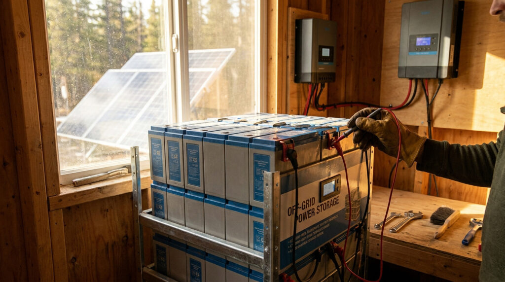 Technician wearing a work glove using a multimeter to test an off-grid solar battery bank in a wooden shed.