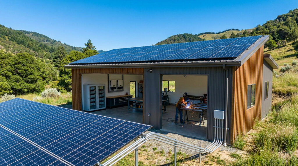 Person welding inside an off-grid workshop powered by solar panels on the roof and ground mounts.
