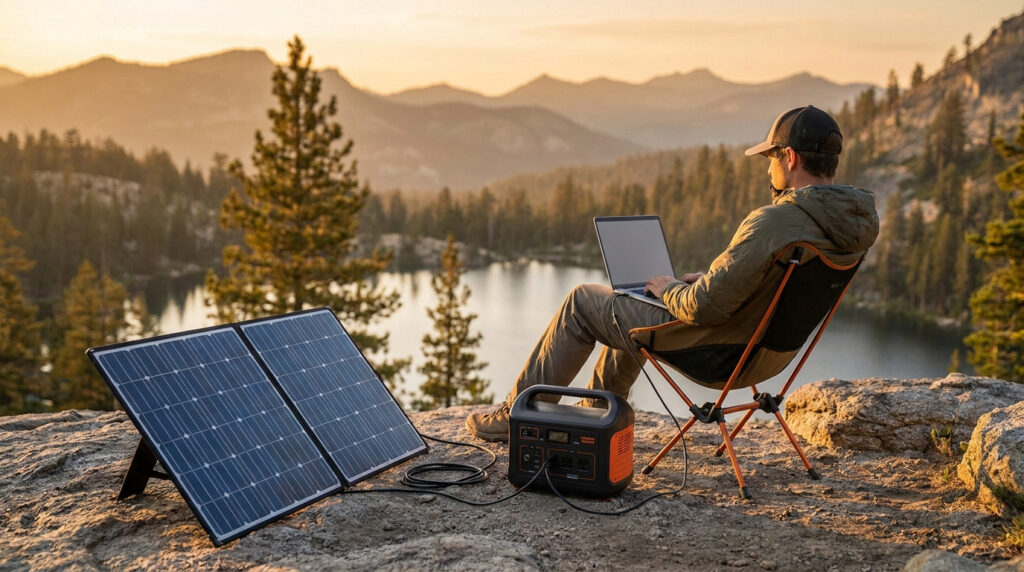 A digital nomad working on a laptop powered by a portable solar panel and battery station outdoors at sunset.