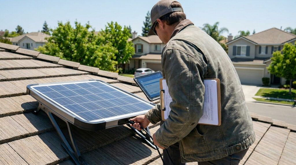 Technician in a cap inspecting a plug and play solar panel on a residential roof with a tablet and clipboard.