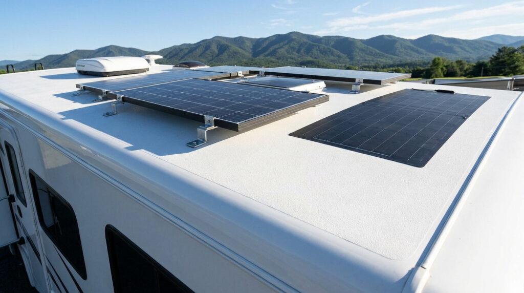Rigid solar panels mounted with metal brackets alongside a low-profile flexible solar panel on a white RV roof.