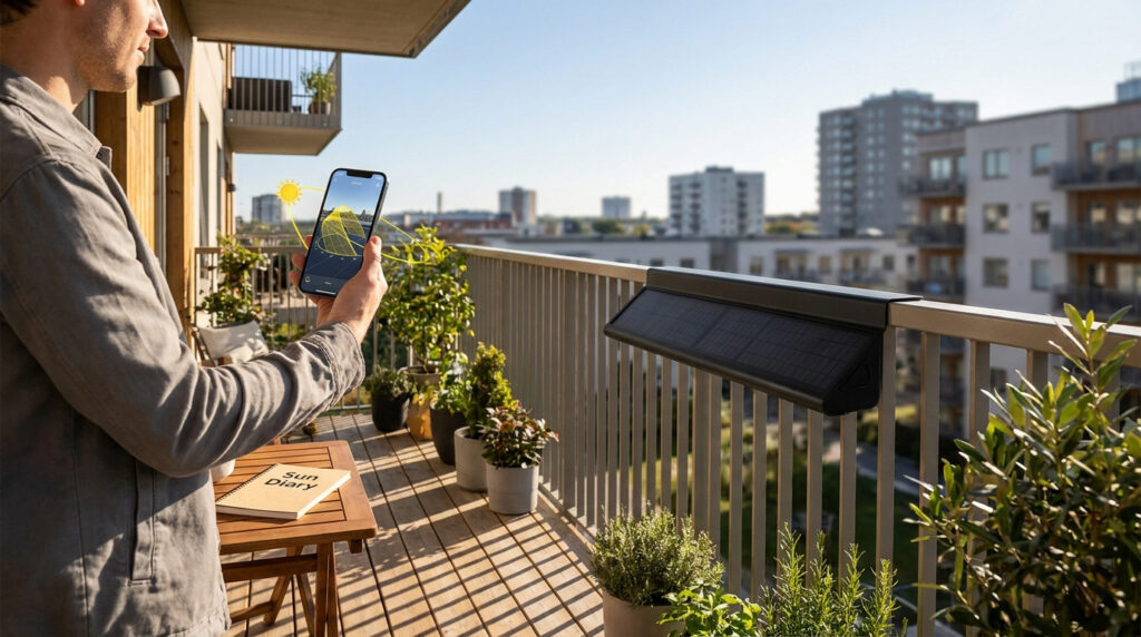 A man on a sunny balcony using a phone app to analyze sun patterns for a solar panel mounted on the railing.