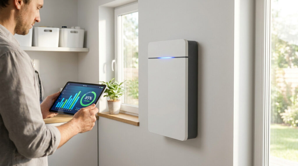 A man checking solar battery energy levels on a tablet inside a home with a wall-mounted unit.