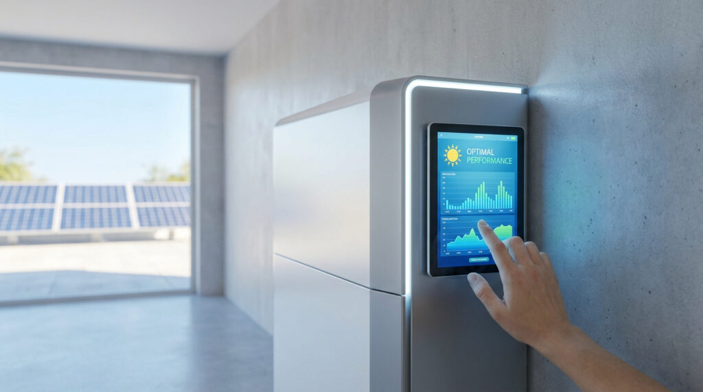 A person’s hand using a touchscreen display on a sleek home solar battery storage unit.