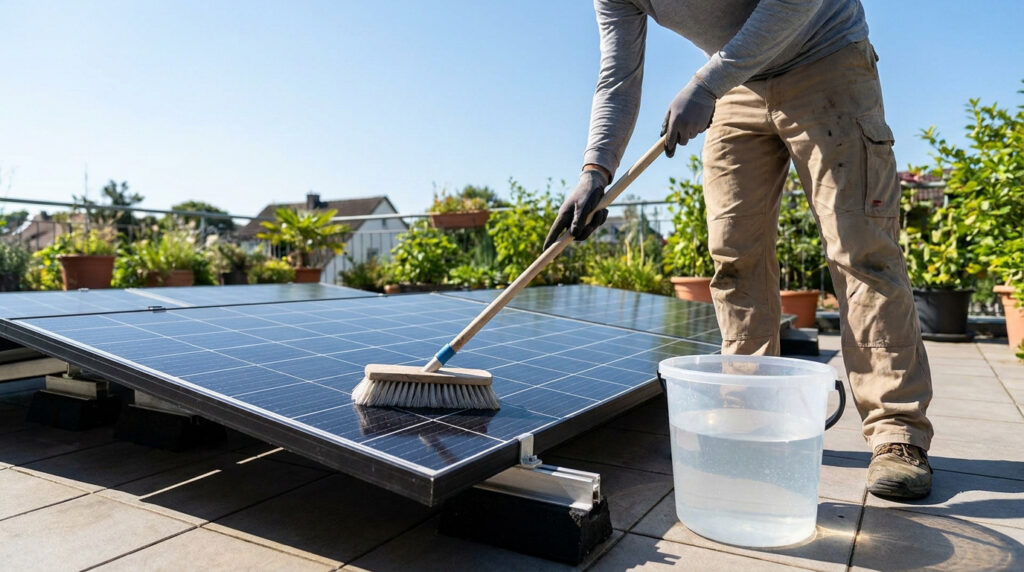 A person using a long-handled brush to clean solar panels on a rooftop terrace next to a bucket of water.