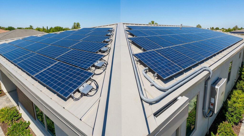 Split view comparing solar panels with microinverters on the left and a string inverter system on the right.