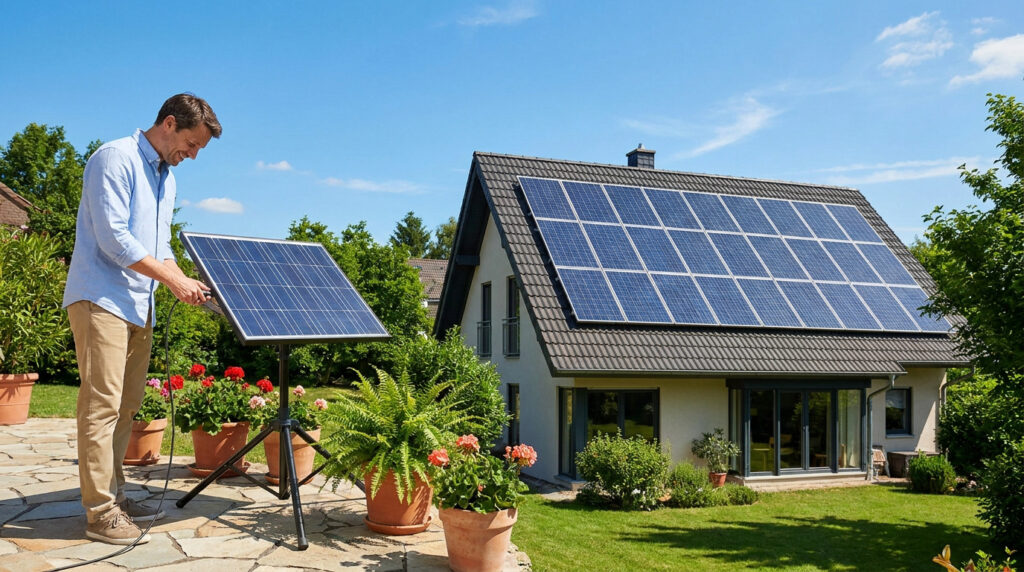 A man sets up a portable solar panel on a tripod in a garden next to a house with rooftop solar panels.
