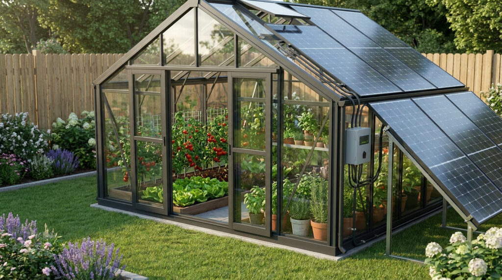A modern glass greenhouse with integrated solar panels on the roof, filled with lush vegetable plants and herbs.