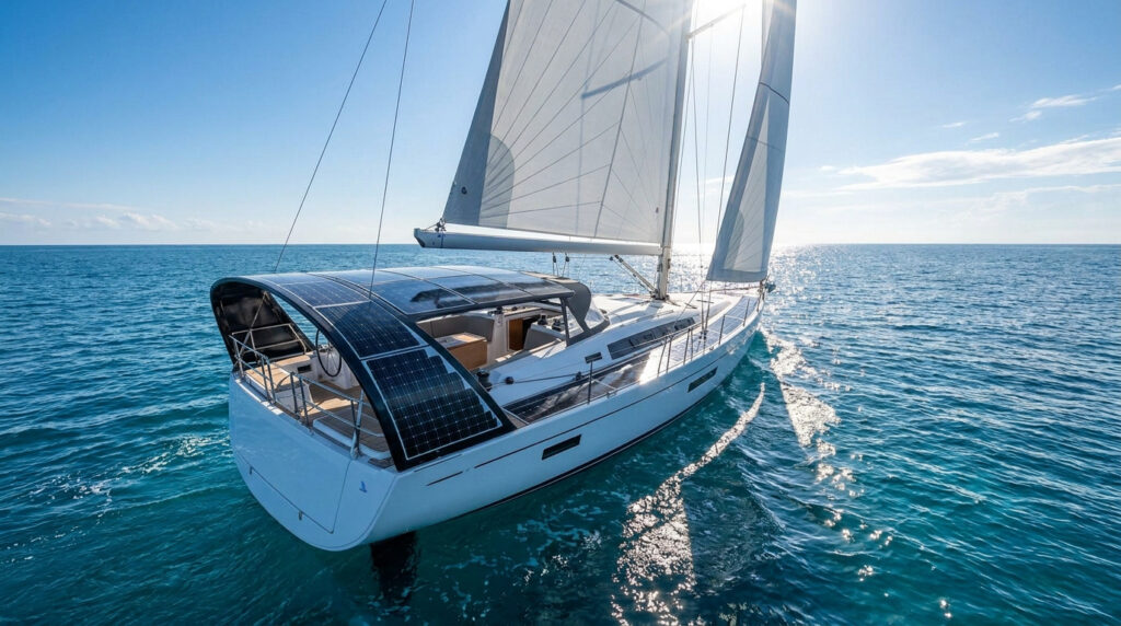 A modern sailboat sailing on the open ocean with flexible solar panels installed over the cockpit bimini.