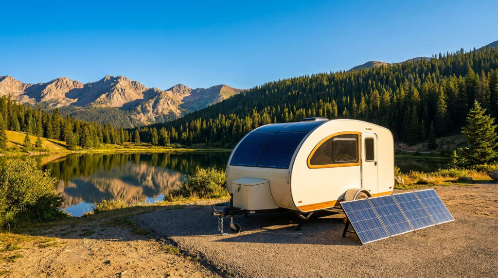 A white teardrop trailer parked by a mountain lake with portable solar panels set up on the ground in front of it.
