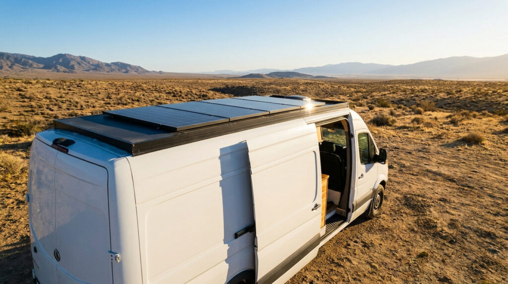 A white camper van with low-profile solar panels on the roof parked in a desert landscape during a sunny day.