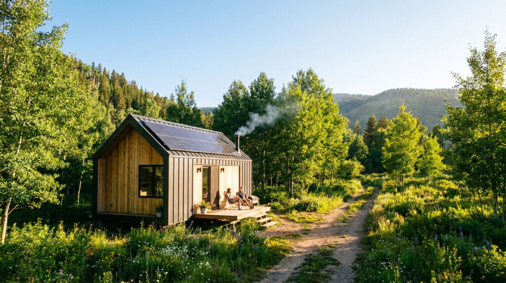 A modern, solar-powered tiny house nestled in a lush forest with a couple relaxing on the wooden porch.