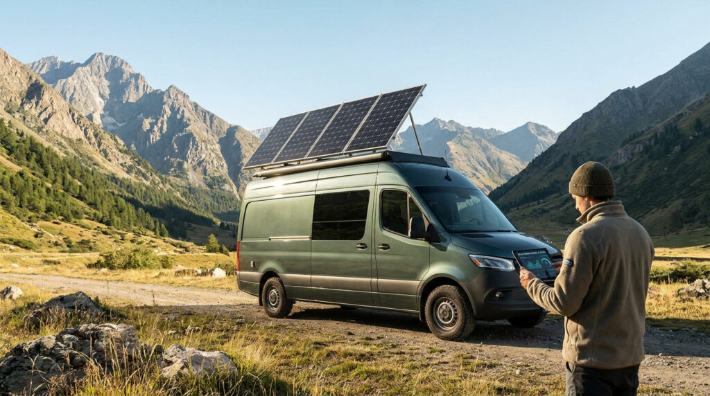 A man standing next to a solar-powered camper van in the mountains while checking his energy levels on a tablet.