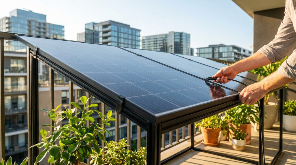 Person connecting a cable to a compact solar panel mounted on an apartment balcony railing.