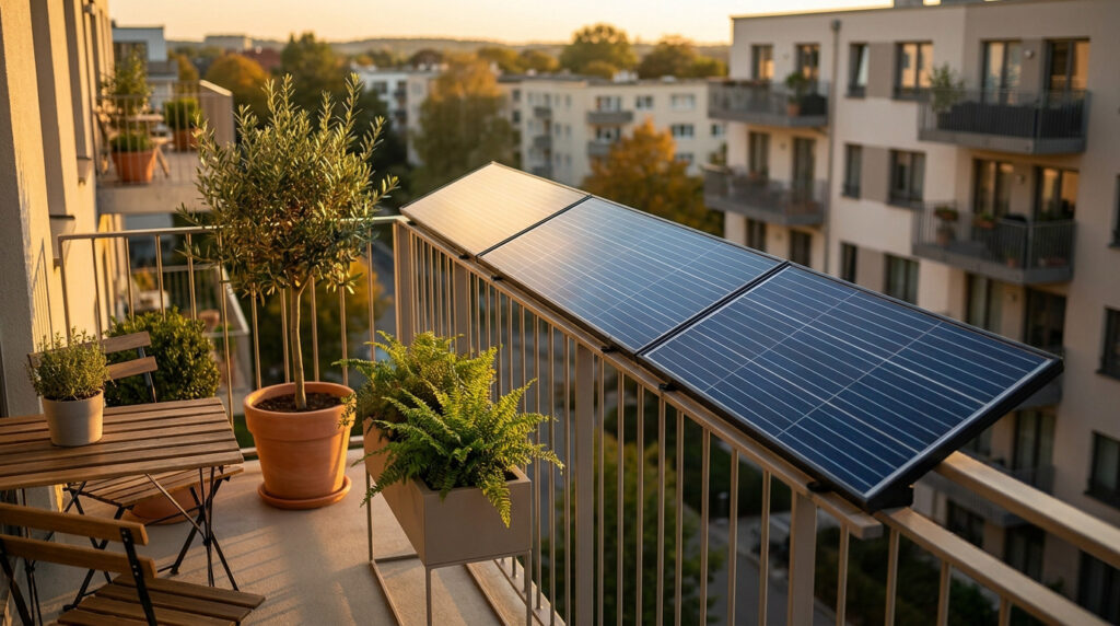 Solar panels mounted on an apartment balcony railing during sunset, surrounded by potted plants and patio furniture.