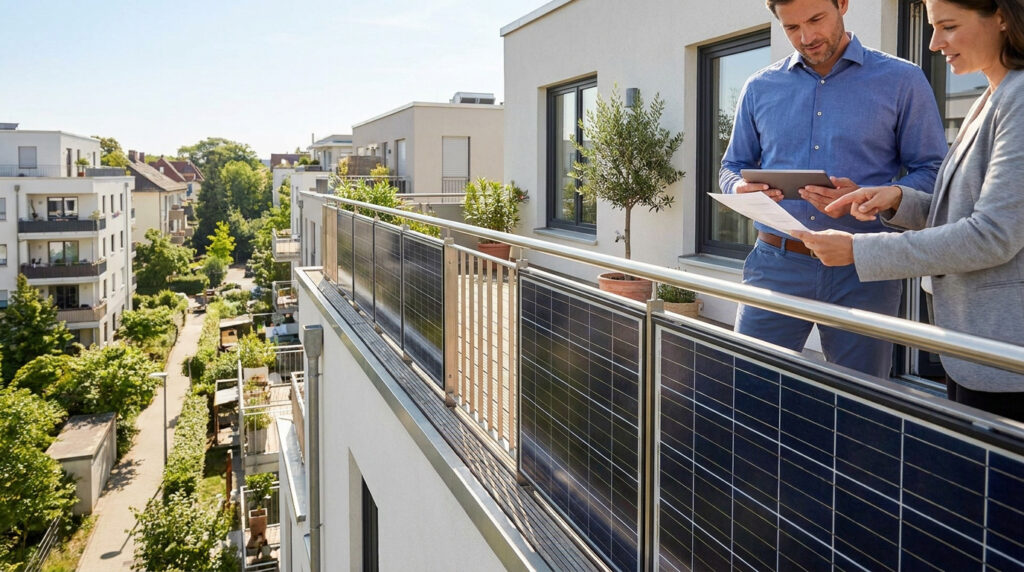 Two professionals reviewing documents on an apartment balcony equipped with sleek solar panels mounted to the railing.