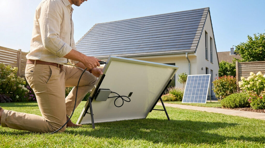 A man kneeling in a garden connecting a cable to the back of a portable solar panel unit.