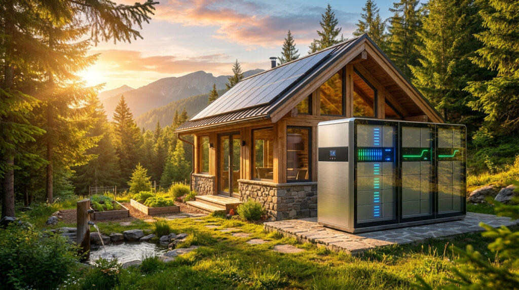 Modern solar battery storage unit next to a cozy, rustic cabin in a lush mountain forest at sunset.