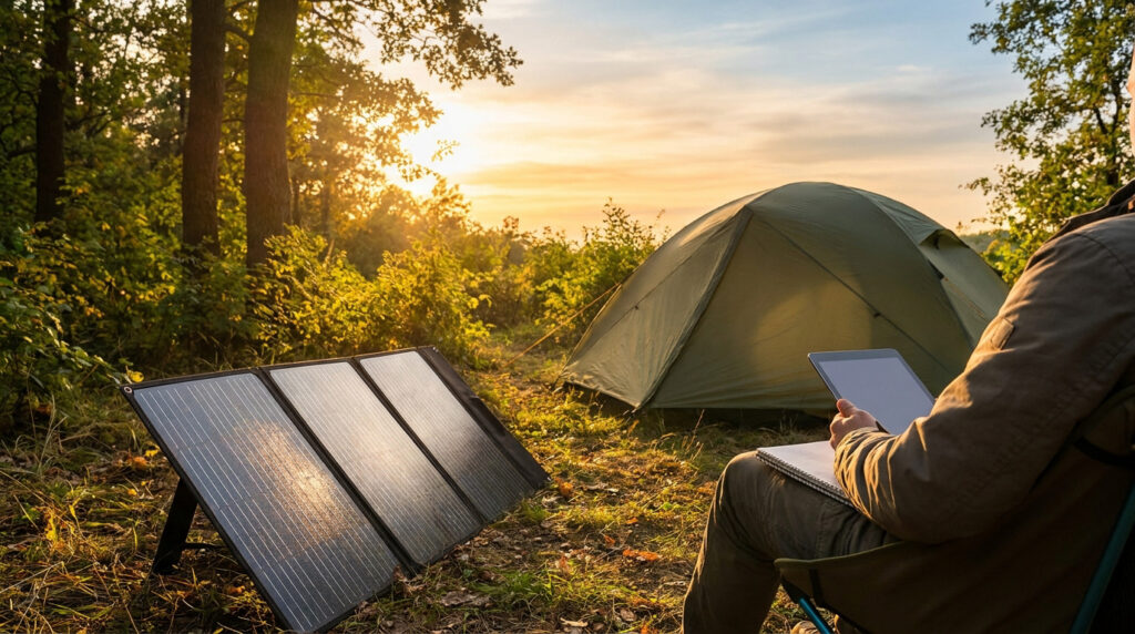 A camper sits in front of a tent using a tablet next to a portable solar panel setup during a sunny afternoon.