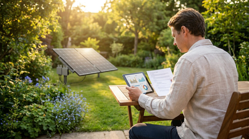 A man sitting in a garden, reviewing solar energy data on a tablet and paper with a solar panel kit in the background.