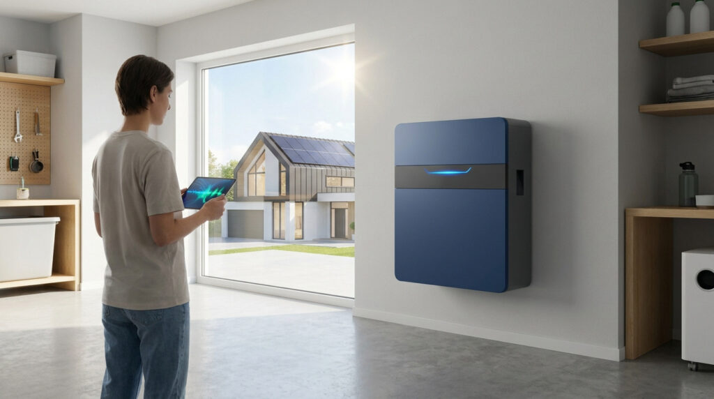 Person checking home solar battery storage levels on a tablet inside a garage with a view of a solar-powered house outside.