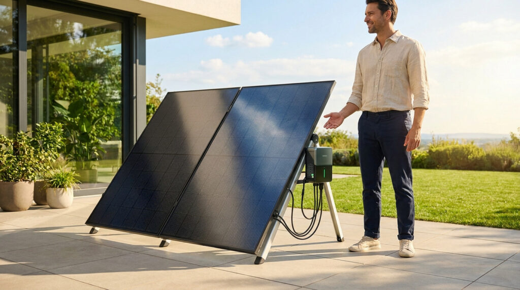 A man standing next to a portable solar panel kit on a residential patio.