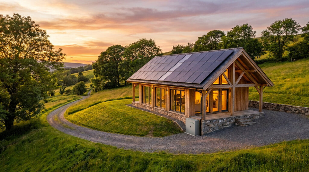 A modern wooden guest house in a green meadow with roof solar panels and a storage battery during a sunset.
