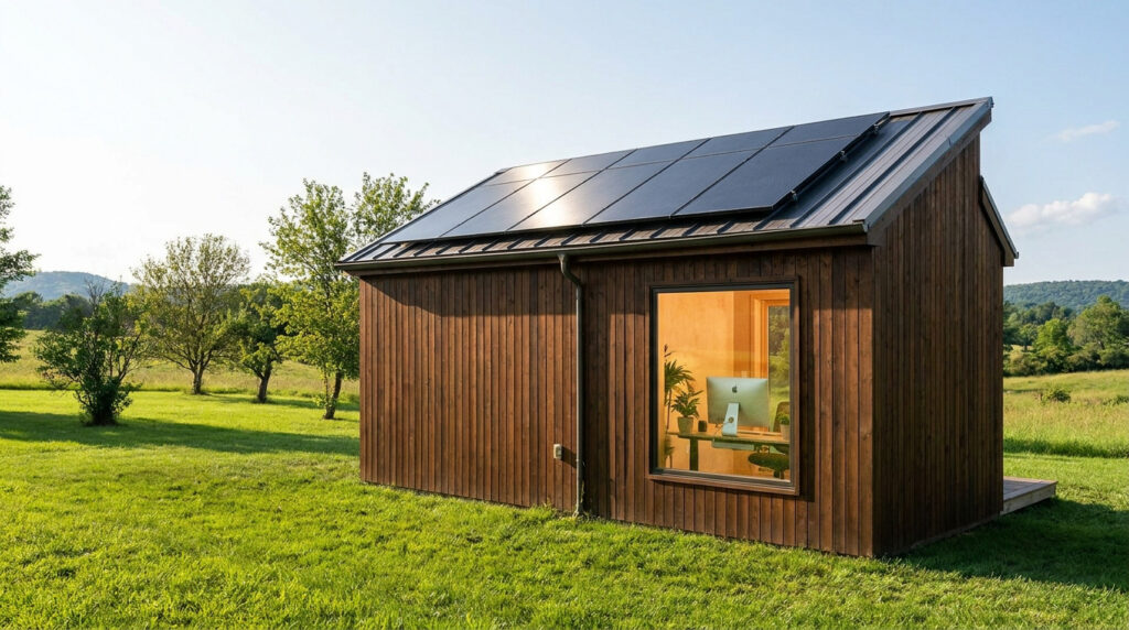 A modern wooden shed with solar panels on the roof and a desk with a computer visible through a large window.