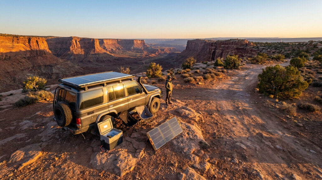 A 4x4 vehicle with a roof solar panel parked on a desert cliffside at sunrise with a portable solar unit and cooler.